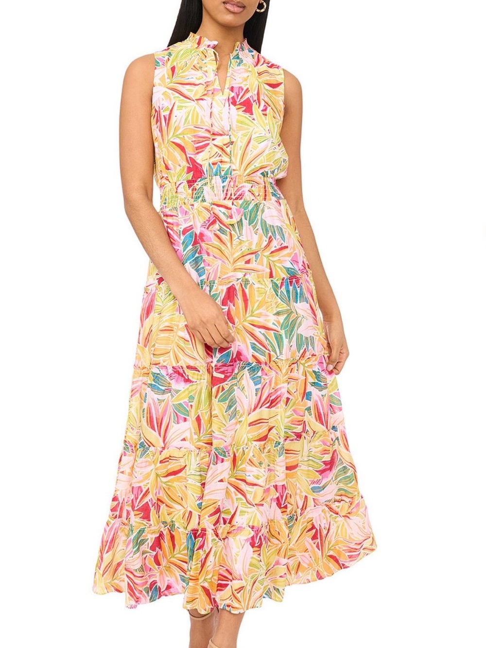 MSK Yellow Floral Maxi Dress with Pink & Green Accents sz 12 NWT